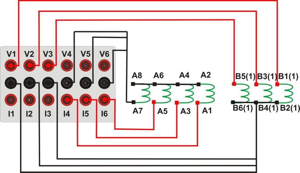 2 Bobinas de Corrente e Tensão Figura 1 Para estabelecer a conexão das bobinas de tensão, ligue os canais V1, V2 e V3 com os pinos B1(1), B3(1) e B5(1) do terminal do relé e os comuns aos pinos