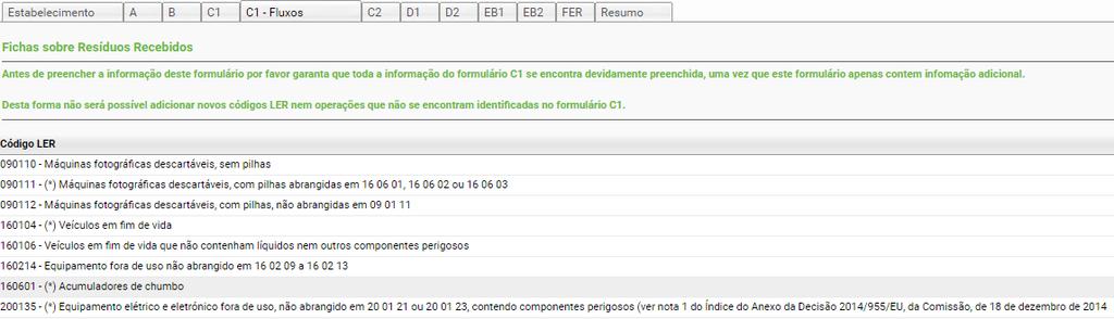 Resíduos de Pilhas e Acumuladores Os códigos LER abrangidos são os seguintes: 160601, 160602, 160603, 160604, 160605, 200133 e 200134.