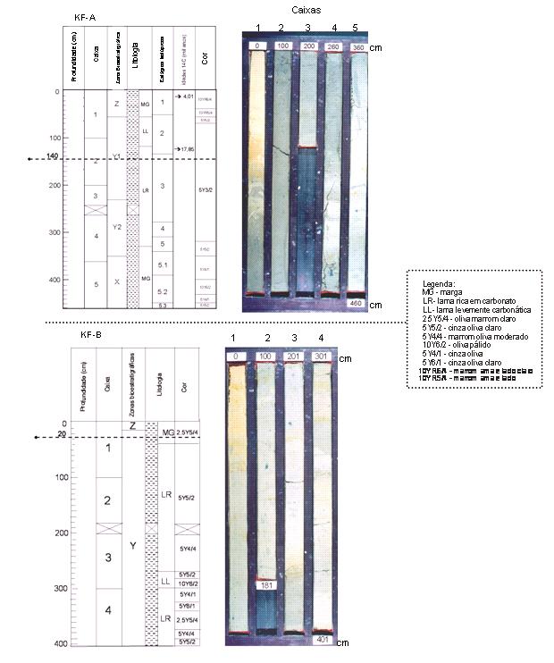 Figura 45: Ilustração esquemática e fotografia dos testemunhos KF-A e KF-B, apresentando as zonas biogeográficas, litologia e cor (a partir de Toledo (2000) e Costa