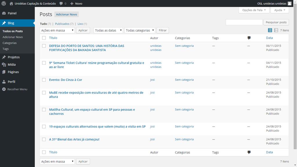 Blog Todos os Posts Aqui terá a visualização e controle de todas as postagens do site, podendo alterar as postagens clicando em cima de cada título.