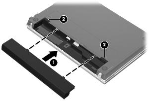 Para introduzir a bateria: 1. Vire o computador ao contrário numa superfície plana, com a baía da bateria voltada para si. 2. Insira a bateria na respectiva baía (1) até encaixar.