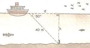 QUESTÃO 03 (0,1 ponto) Um mergulhador percorreu uma distância de 40m, entre a superfície e o fundo do mar, segundo uma trajetória retilínea que forma um ângulo de 50 o com a superfície.