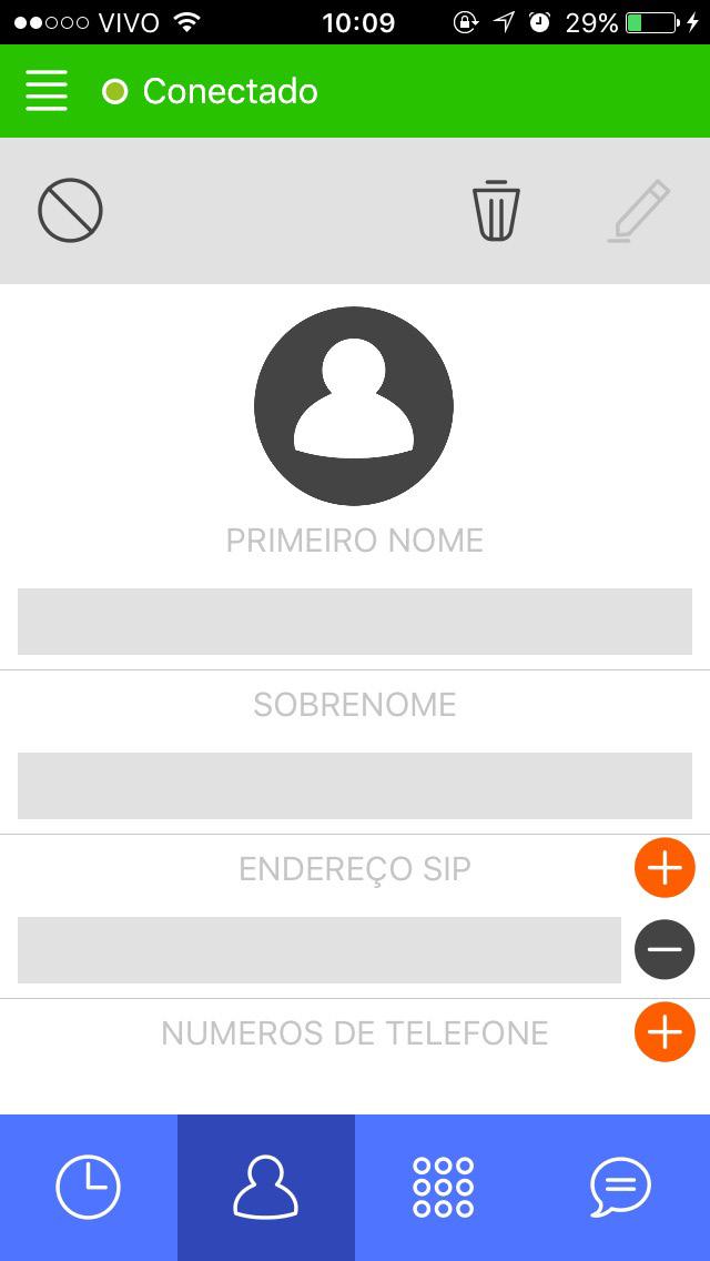 7.4 7.2 7.3 7. Contatos 7.1 Clicando no segudo botão inferior, você terá acesso a área de contatos. 7.2 Clicando no ícone a direita na barra superior, você terá acesso a área de adicionar contatos.