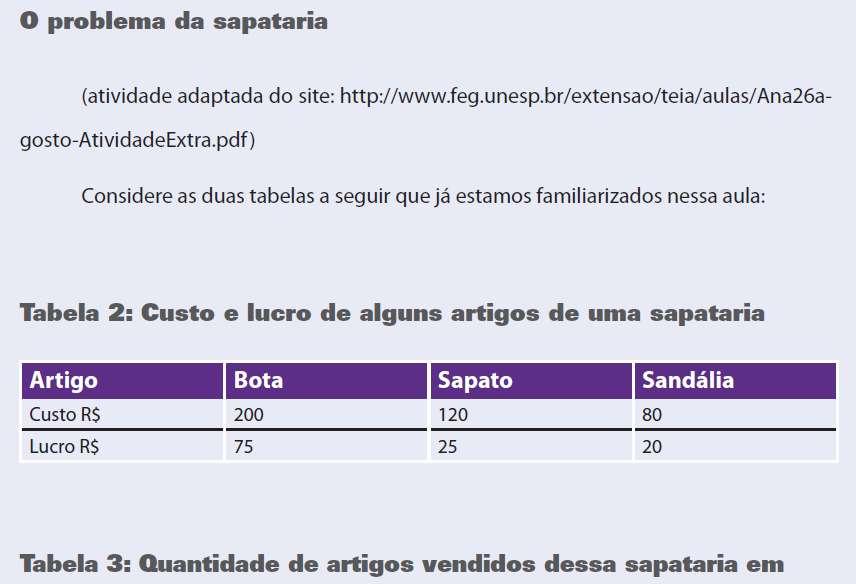 (2) A Tabela2, como já vimos, apresenta-nos o custo e o lucro de alguns artigos de uma sapataria, enquanto que a tabela 3 apresenta-nos a quantidade dos artigos vendidos durante três meses do ano.