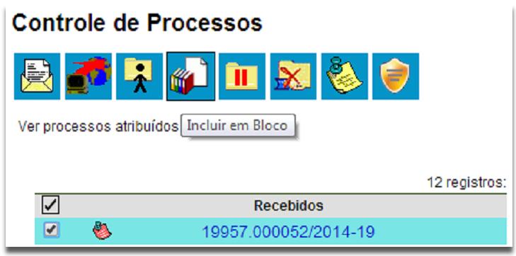 Os blocos de reunião permitem a inclusão de um ou mais processos. Basta clicar na caixa de seleção ao lado do número dos processos a serem incluído no bloco (tela Controle de Processos).