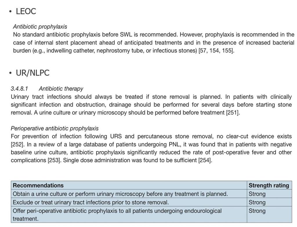 Pré-operatório Antibioterapia LEOC Sem indicação para a maioria dos doentes Guidelines Excepto de tiver cateter urinário prévio Quando a