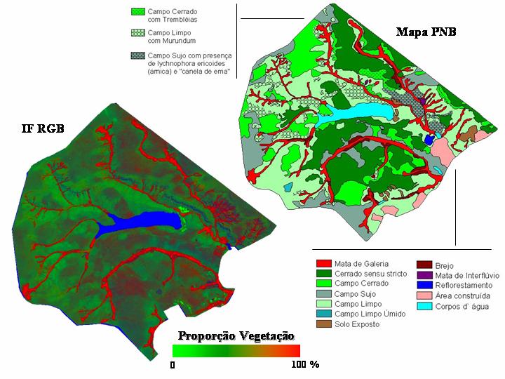 Figura 4.6. Comparação do mapa de vegetação com as IF RGB Veg./Solo/Sombra (modelo linear geral).