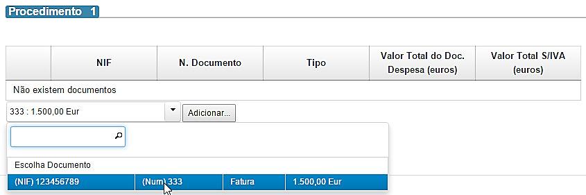 Abre um quadro para seleção dos documentos de despesa que têm a indicação do tipo de procedimento: Clica em Editar e escolhe qual(is) o(s) documento(s) de