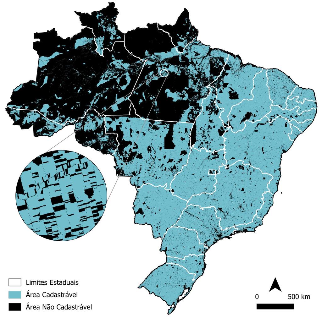 Legenda Limites Estaduais Área Cadatrável Área Não Cadastrável Figura 2. Área cadastrável e não cadastrável de imóveis rurais do Brasil estimada pelo Atlas da Agropecuária Brasileira.