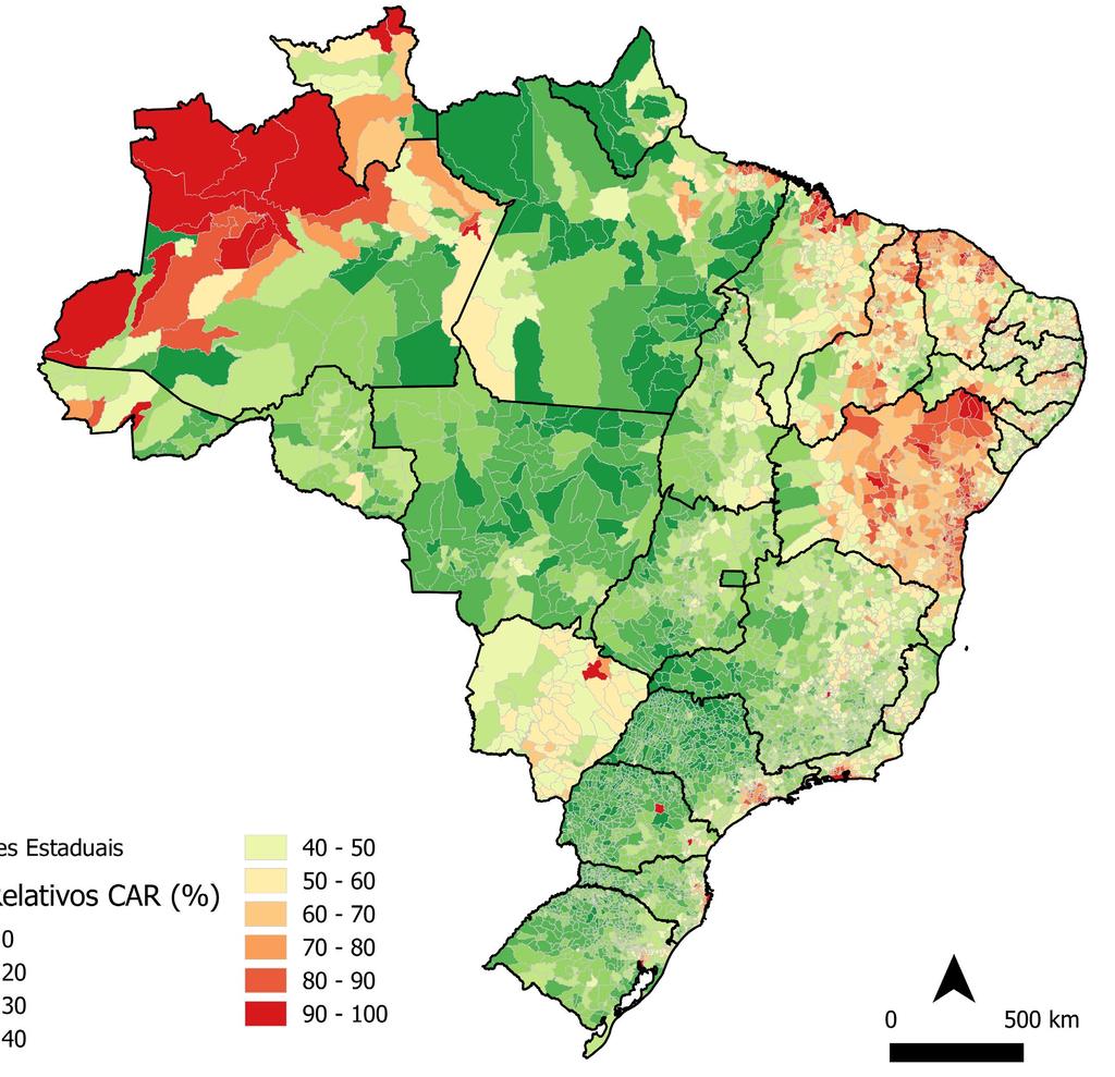 Em termos relativos, os vazios do CAR ocupam em média 37% da área cadastrável dos municípios, distribuindo-se de forma não homogênea ao longo do país, com destaque para a região Nordeste e os estados