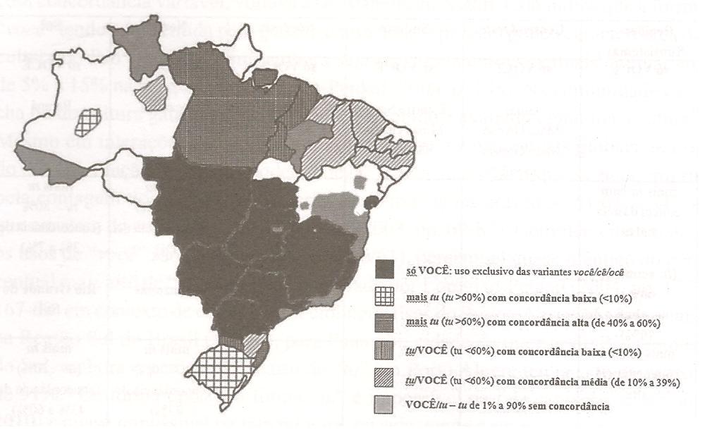 Mapa 1: mapeamento de tu e você no português brasileiro. Fonte: Scherre et al. (2015, p. 142).
