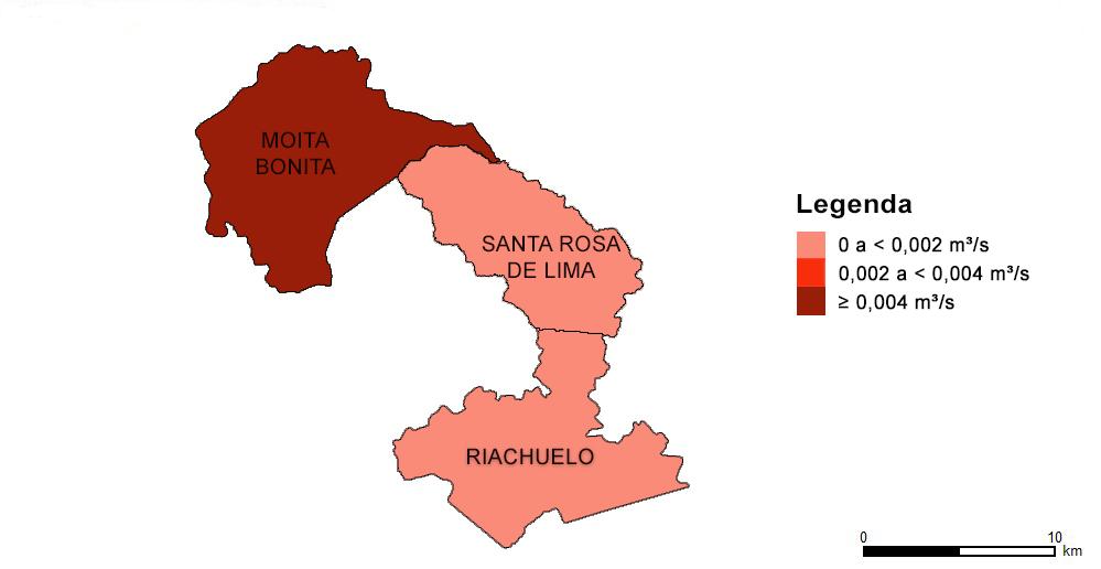 Nessa mesma área, os municípios de Riachuelo e Santa Rosa de Lima chegaram aos valores de 0,001 m³/s e 0,00118 m³/s, respectivamente (Figura 2).