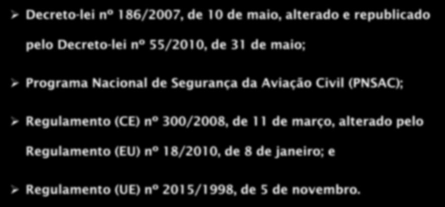 Decreto-lei nº 186/2007, de 10 de maio, alterado e republicado pelo Decreto-lei nº 55/2010, de 31 de maio; Programa Nacional de Segurança da Aviação Civil