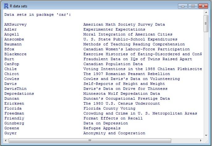 Figura 5: Comando Listar conjuntos de dados em pacotes Comando Ler pacotes de dados attachado Aqui é possível carregar um conjunto de dados dentre os disponibilizados pelo R, fazendo com que o