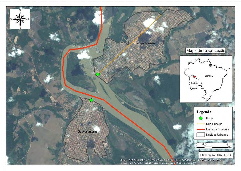 Mapa 01: Núcleos Urbanos das Cidades Gêmeas de Guajará-Mirim e Guayaramerín. Fonte: ESRI, 2016. Elaboração do Autor.