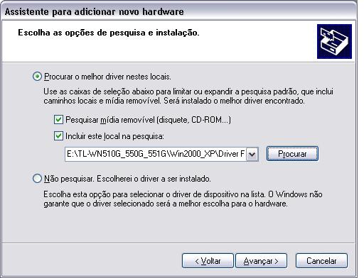 A seguir, selecione a opção Procurar o melhor driver nestes locais, marcando os itens Pesquisar mídia removível (disquete, CD-ROM.