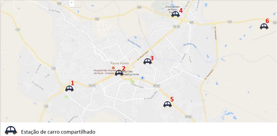 Foram definidos seis pontos na cidade para a implementação das estações fixas de carros, a ideia é ocupar vazios urbanos em meio a malha urbana, com exceção do ponto 2, que utilizaria parte do