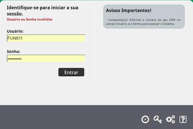 Esqueci a Senha de acesso ao sistema Autorizador Após informar o Usuário e a Senha, o Sistema apresenta uma mensagem, na cor vermelha, informando: Usuário ou Senha inválidos. Obs.