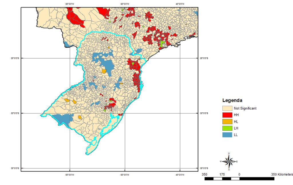 No Rio Grande do Sul, a Região Metropolitana de Porto Alegre está categorizada como um cluster LH. Os maiores clusters HH estão em Caxias do Sul e seu entorno e no litoral da UF.