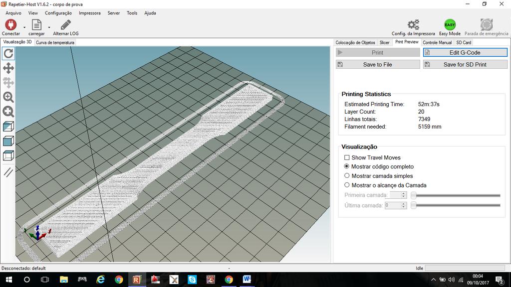 Figura 3. Software Repetier com um corpo de prova processado.