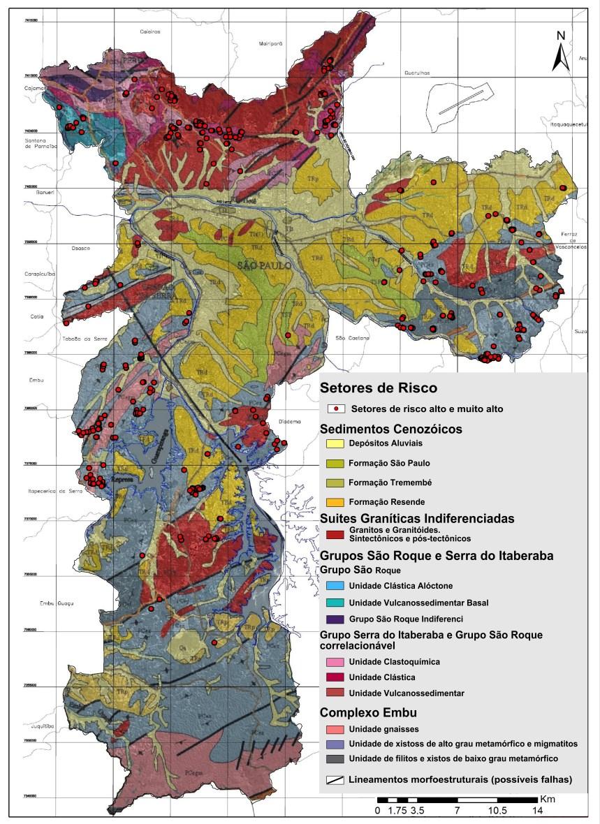 Figura 1: Mapa geológico do município de São Paulo com os setores de risco alto e muito alto de deslizamento. Modificado de: São Paulo (2002).
