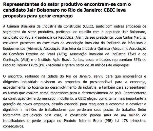 CLIPPING DE NOTÍCIAS Título: Representantes do setor produtivo encontram-se com o candidato Jair Bolsonaro no Rio de Janeiro: CBIC leva propostas para gerar