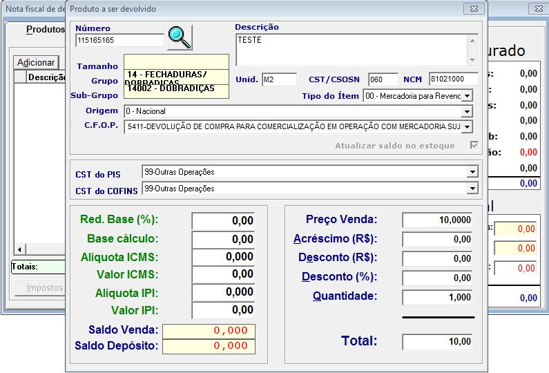 Ao selecionar o produto, os campos são preenchidos automaticamente (descrição, unid., CST/CSOSN, NCM, CST DO PIS, CST DO COFINS e Preço de venda).