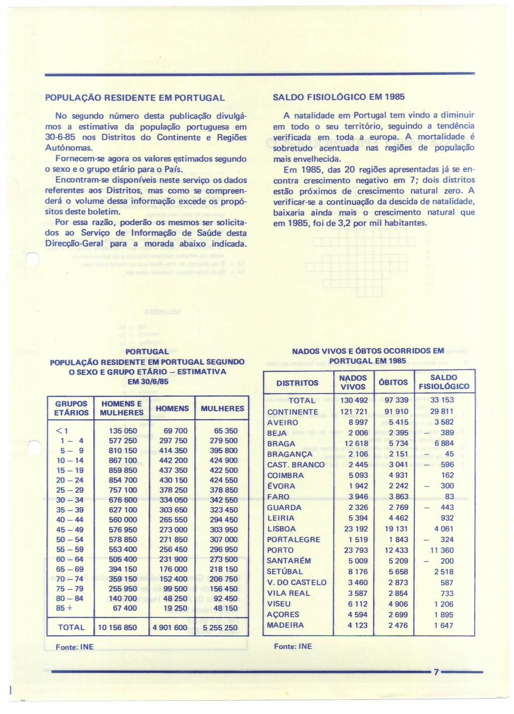 POPULAÇÃO RESIDENTE EM PORTUGAL No segundo número desta publicação divulgámos a estimativa da população portuguesa em 30-6-85 nos Distritos do Continente e Regiões Autónomas.