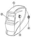 DESCRIÇÃO DA MÁSCARA 1 - Capacete da Mascara 2 - Display de Escurecimento Automático 3 - Potenciômetro de escurecimento 4 - Porca de ajuste de ângulo 5 - Pino da porca de ajuste de ângulo 6 - Trava