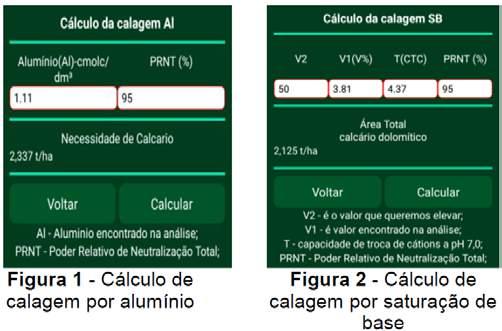 A Figura 2 apresenta a recomendação de calagem por saturação de bases, tendo como entrada o percentual do poder relativo de neutralização total, a capacidade de troca catiônica e o valor encontrado