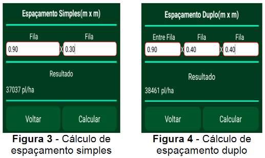 A Figura 3 e a Figura 4 apresentam cálculos de espaçamento simples e espaçamento duplo, respectivamente, para obter a quantidade total de plantas por hectare.