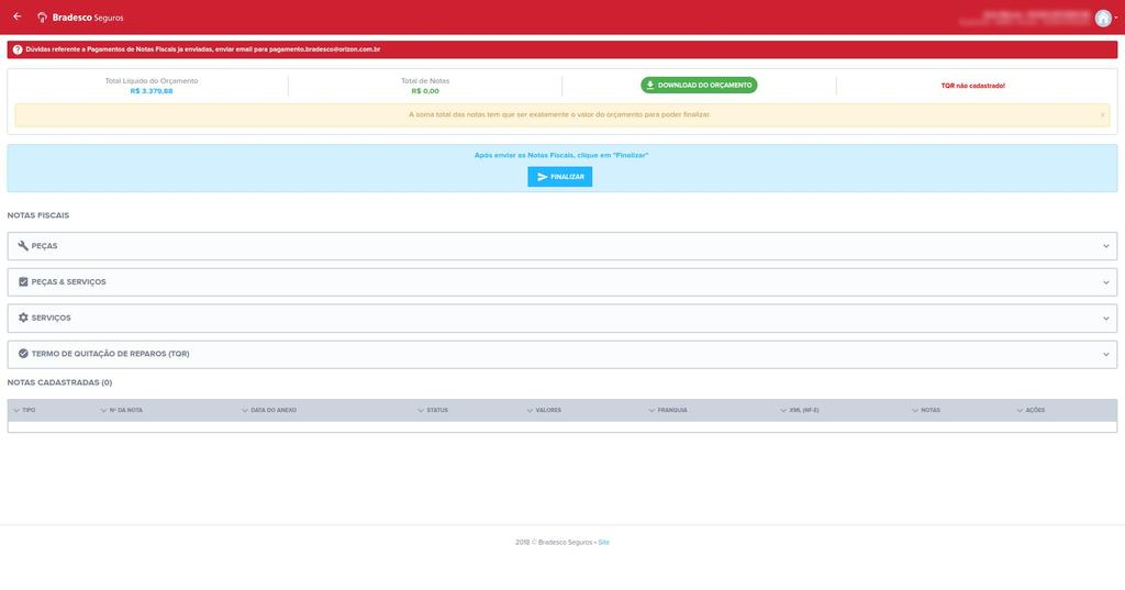 A tela de cadastramento de notas e TQR Este é o valor total das notas a serem cadastradas... Clique no link PEÇAS, para cadastrar notas de peças.