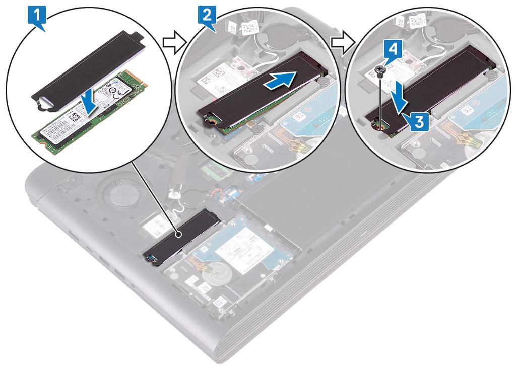 10 Como recolocar a unidade de estado sólido ADVERTÊNCIA: Antes de trabalhar na parte interna do computador, leia as instruções de segurança fornecidas com seu computador e siga as instruções em