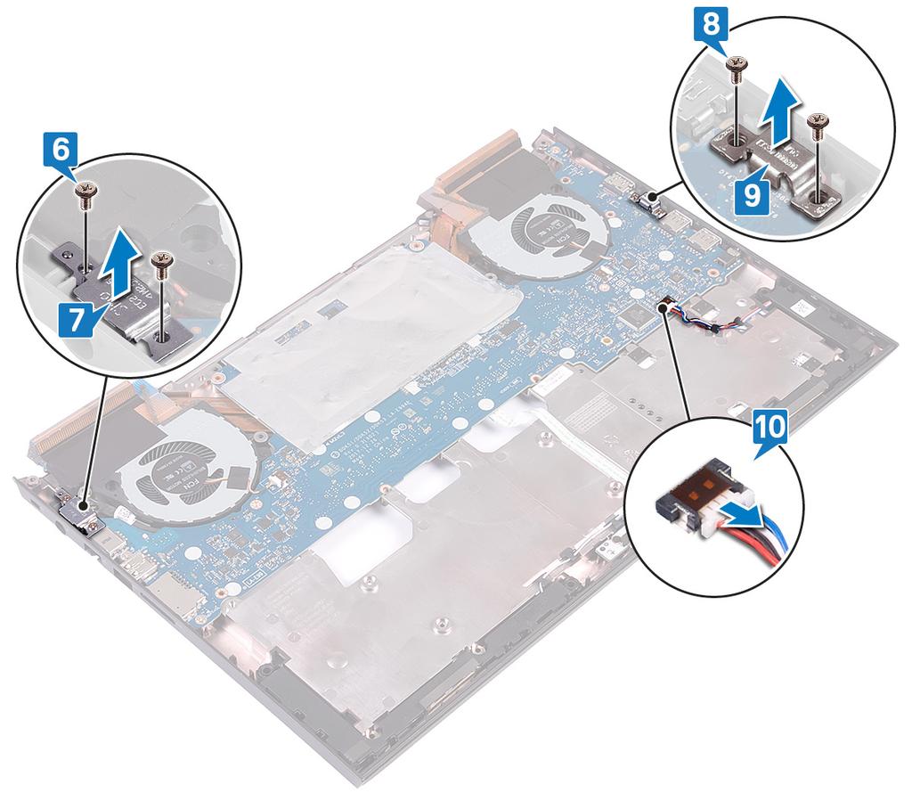 5 Vire a base do computador. 6 Remova os dois parafusos (M2,5x5) que prendem o suporte da porta do adaptador de energia na base do computador.