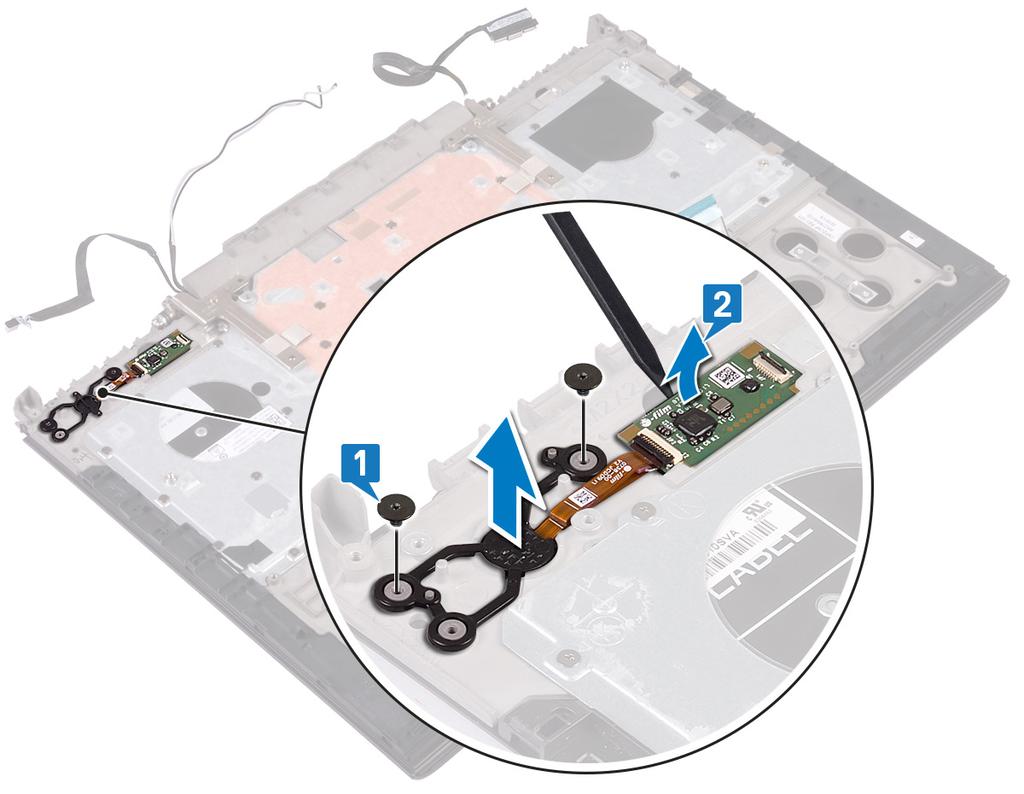 35 Como remover a placa do leitor de impressão digital ADVERTÊNCIA: Antes de trabalhar na parte interna do computador, leia as instruções de segurança fornecidas com seu computador e siga as