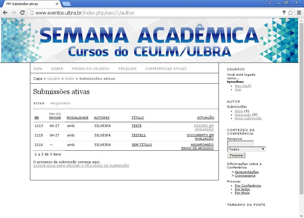 PARA O INICIO DO PROCESSO DE SUBMISSÃO