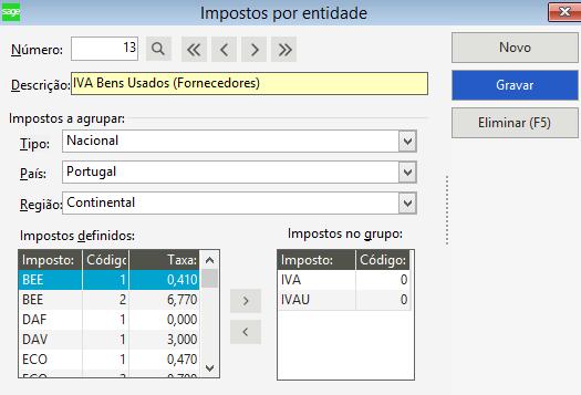 Em Diversos Configurações Parâmetros deverá ser definido o imposto Iva bens usados por default para artigos, clientes e fornecedores.