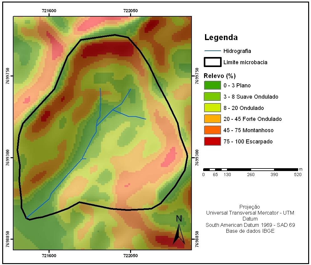 Figura 14. Declividade da microbacia do córrego dos Araújos, Viçosa, MG. As APP s (Quadro 3) possuem um total de 31,3 ha e 46% da área total da microbacia, que é de 68 ha.