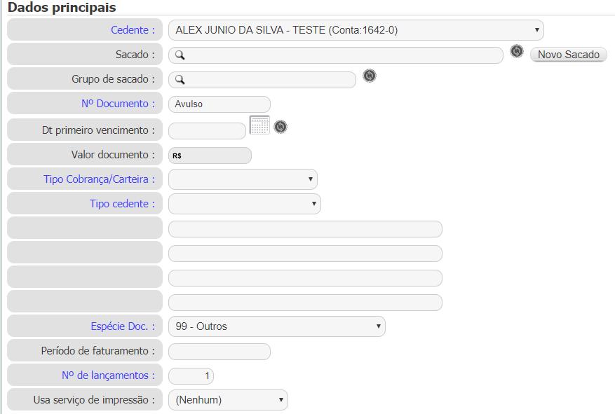 Acessar: COBRANÇA ONLINE > INCLUSÃO DE BOLETOS *Campos de azuis são obrigatórios os preenchimentos para geração do boleto.