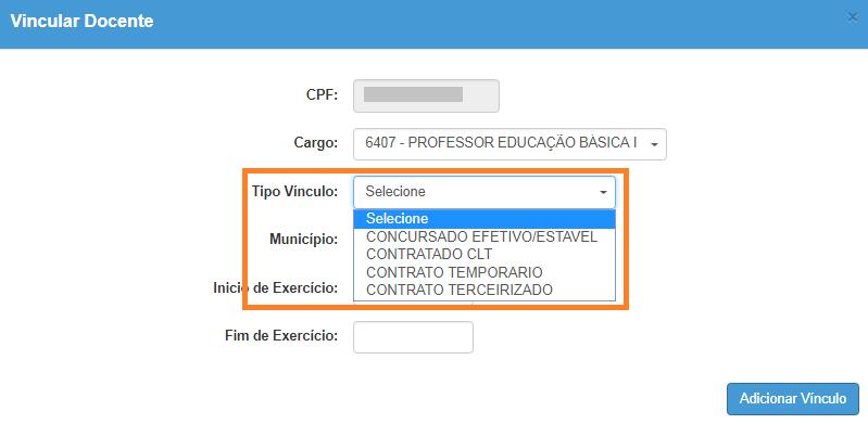 Passo 4 Selecione o cargo do funcionário. Importante: Professor Educação Básica I - Utilizar para Educação Infantil e Ensino Fundamental - Anos Iniciais.