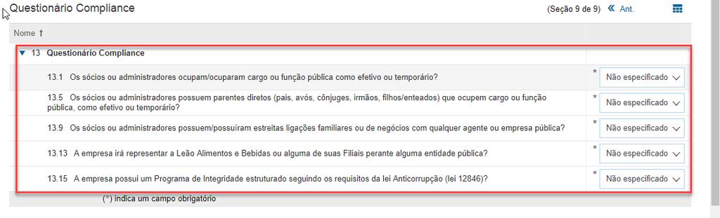 A última aba de informações a ser preenchida é a do questionário de