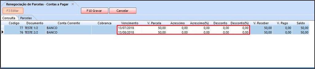 Esta tela é utilizada para renegociar parcelas, sendo possível alterar valores, data de vencimento entre outros.