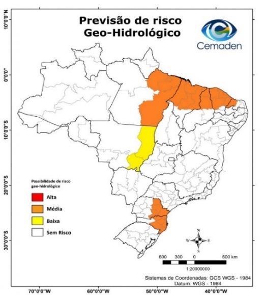 shtml Através do mapa de Previsão de risco Geo-Hidrológico emitido pelo CEMADEN, é possível perceber que uma grande parte do Estado do