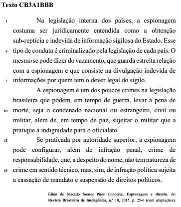 A propósito das ideias e dos aspectos linguísticos do texto CB3A1BBB, julgue o item subsequente.