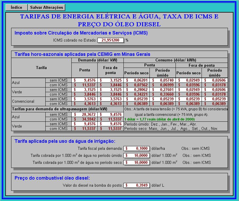 115 Figura 20 Formulário para introduzir as tarifas de energia elétrica e água, taxa de ICMS e preço do óleo diesel, no módulo Fonte de Energia do MORETTI. 4.1.5.2 Opções para o cálculo dos gastos