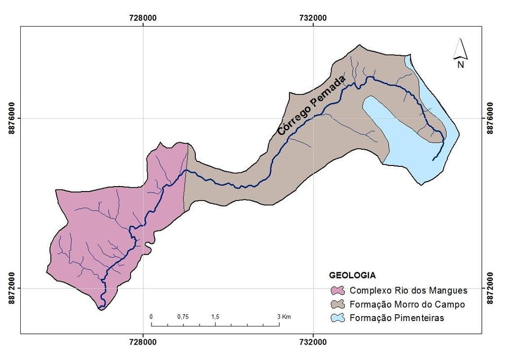 55 Figura 25 Geologia da Bacia do Córrego Pernada. Fonte: Elaborado pelo autor. Adaptado de IBGE (2007a).