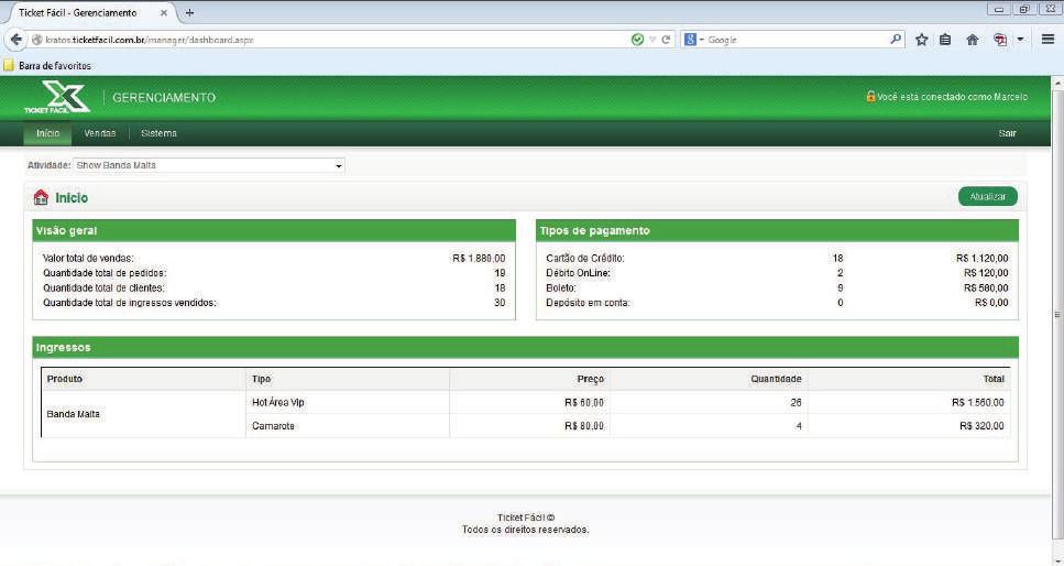 Acessando o Gerenciador Quando o seu evento for cadastrado no site da Ticket Fácil, você receberá os dados de acesso para o Gerenciador, por e-mail. Acesse: http://kratos.ticketfacil.com.