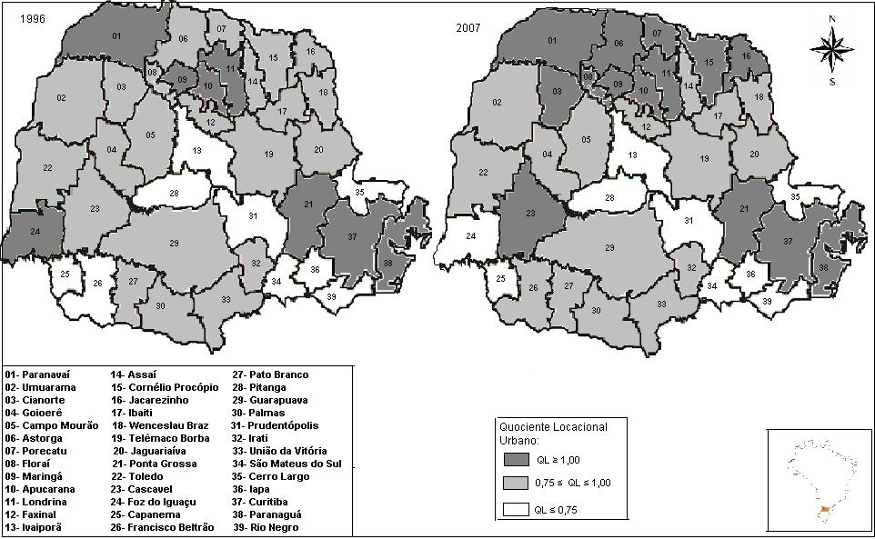 8 Figura 01: Padrão de Localização da População Urbana nas Microrregiões do Estado do Paraná 1996 e 2007. Fonte: Resultados da pesquisa a partir de contagem da população do IBGE (2011).