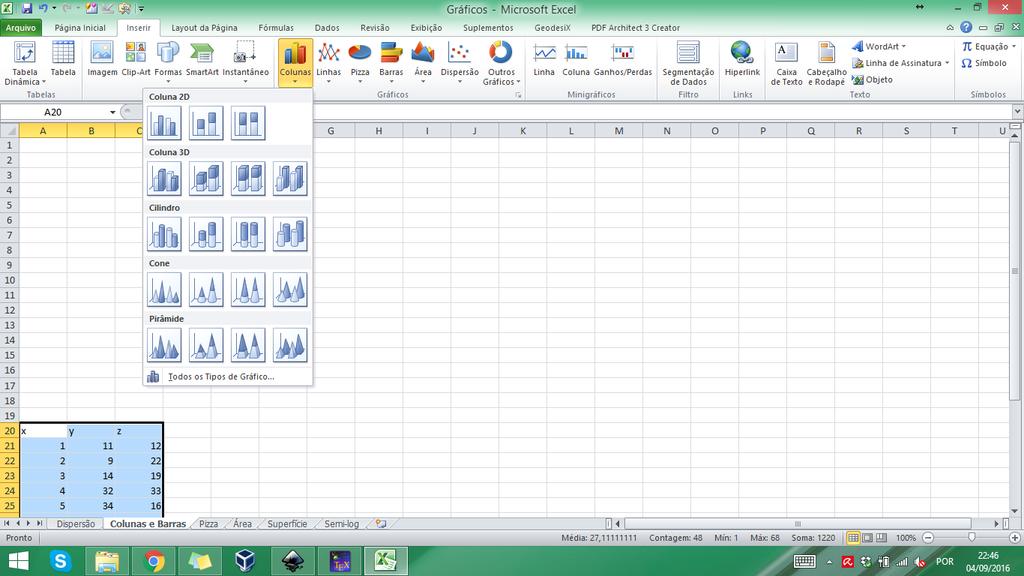 Gráfico de Aba Inserir Grupo Gráficos Botão Colunas ou Botão Agrupadas, Empilhadas ou 100% Empilhadas (2D ou 3D) Surgirá um quadro branco para inserção dos dados.