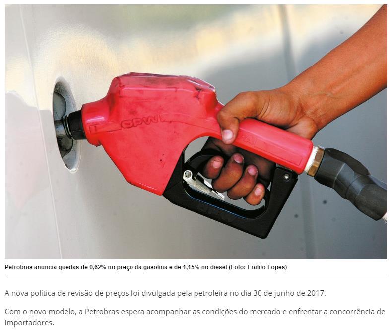 Título: Petrobras anuncia quedas de 0,62% no preço da gasolina e de 1,15% no diesel Veículo: D24AM Data: 23/05/2018 Enfoque: Caderno: Brasil Página: